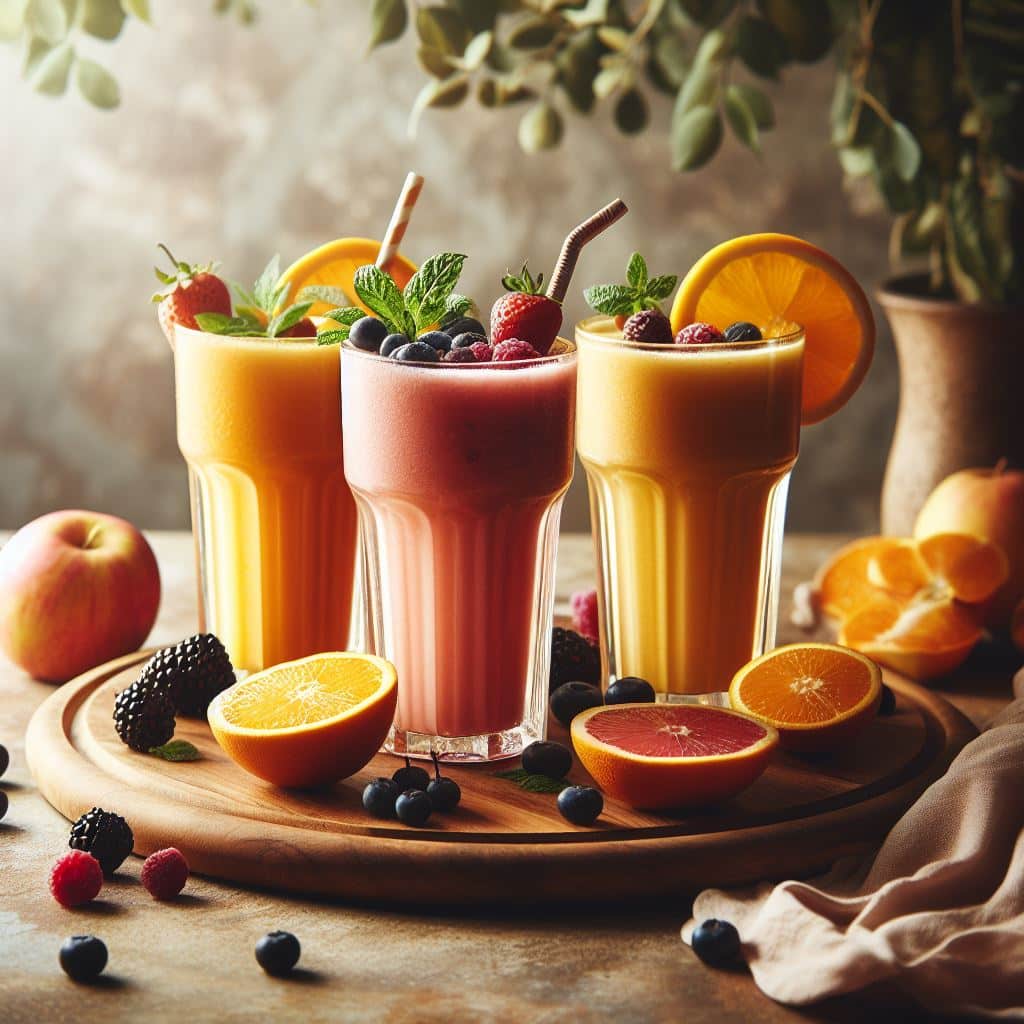 ארבע כוסות שייק פירות על שולחן עץ.
